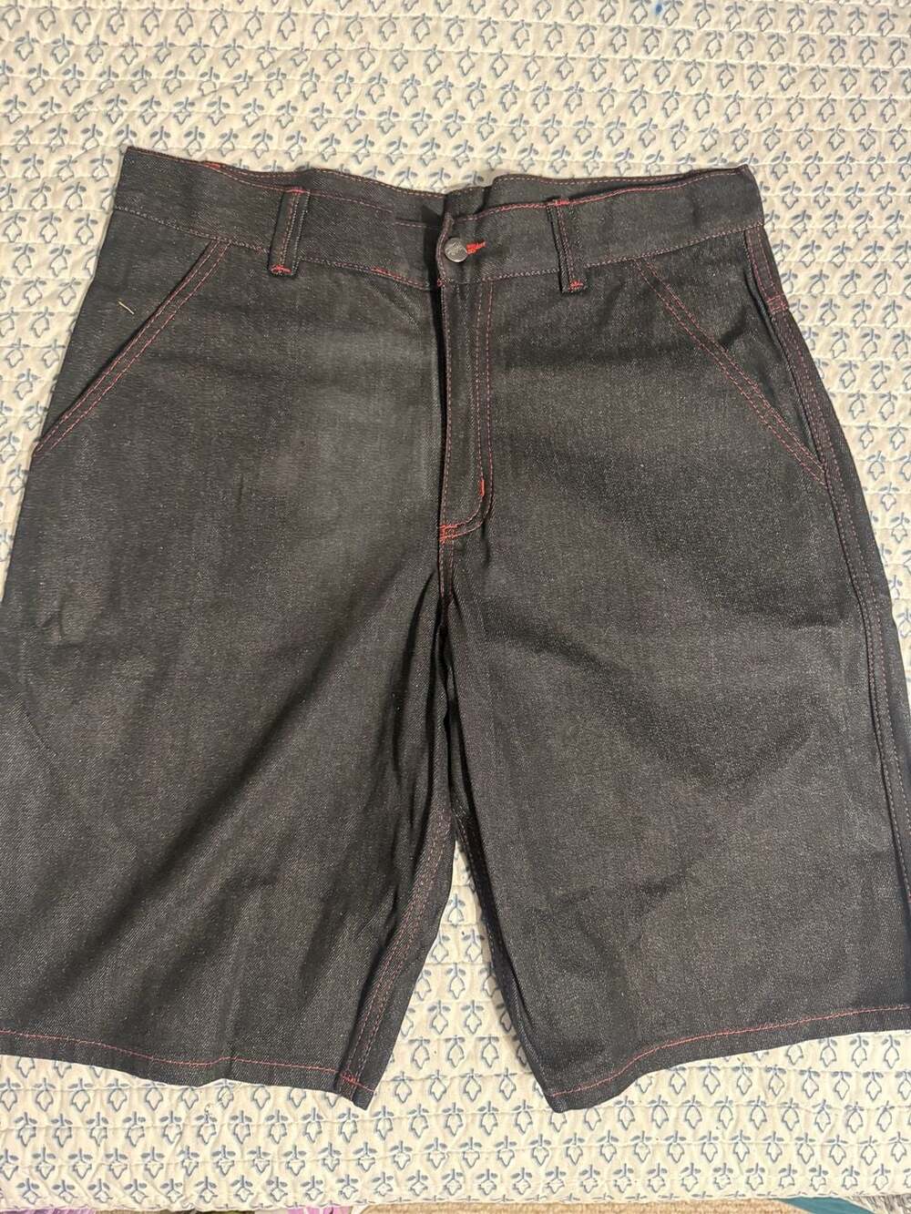 Vintage Stüssy Black Denim Shorts with Red Stitching and Back Logo Embroidery